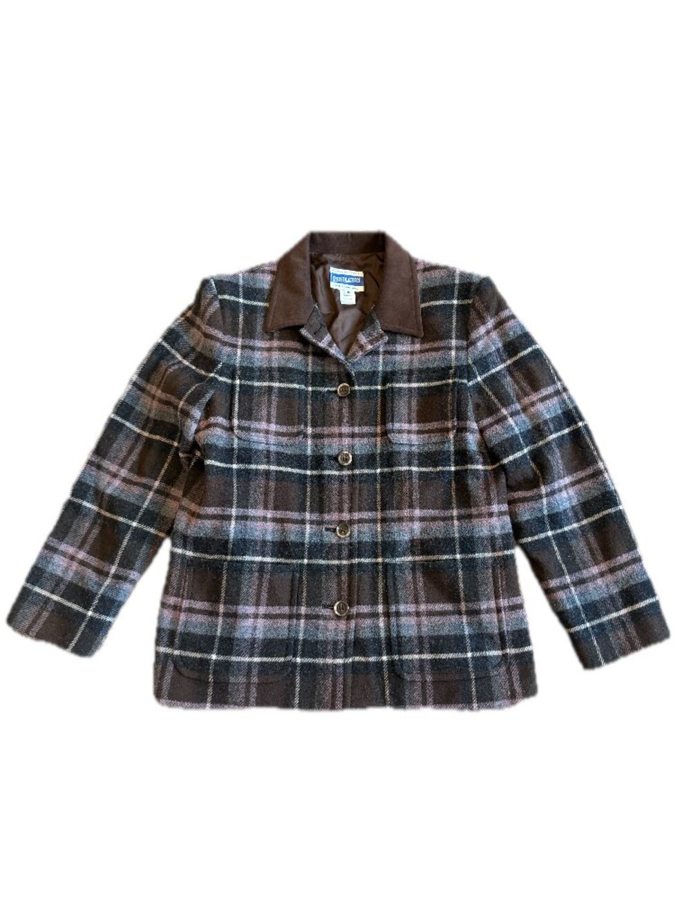 Pendelton Brown Plaid Wool Jacket Coat Contrast Collar Pockets Size 10 Women's